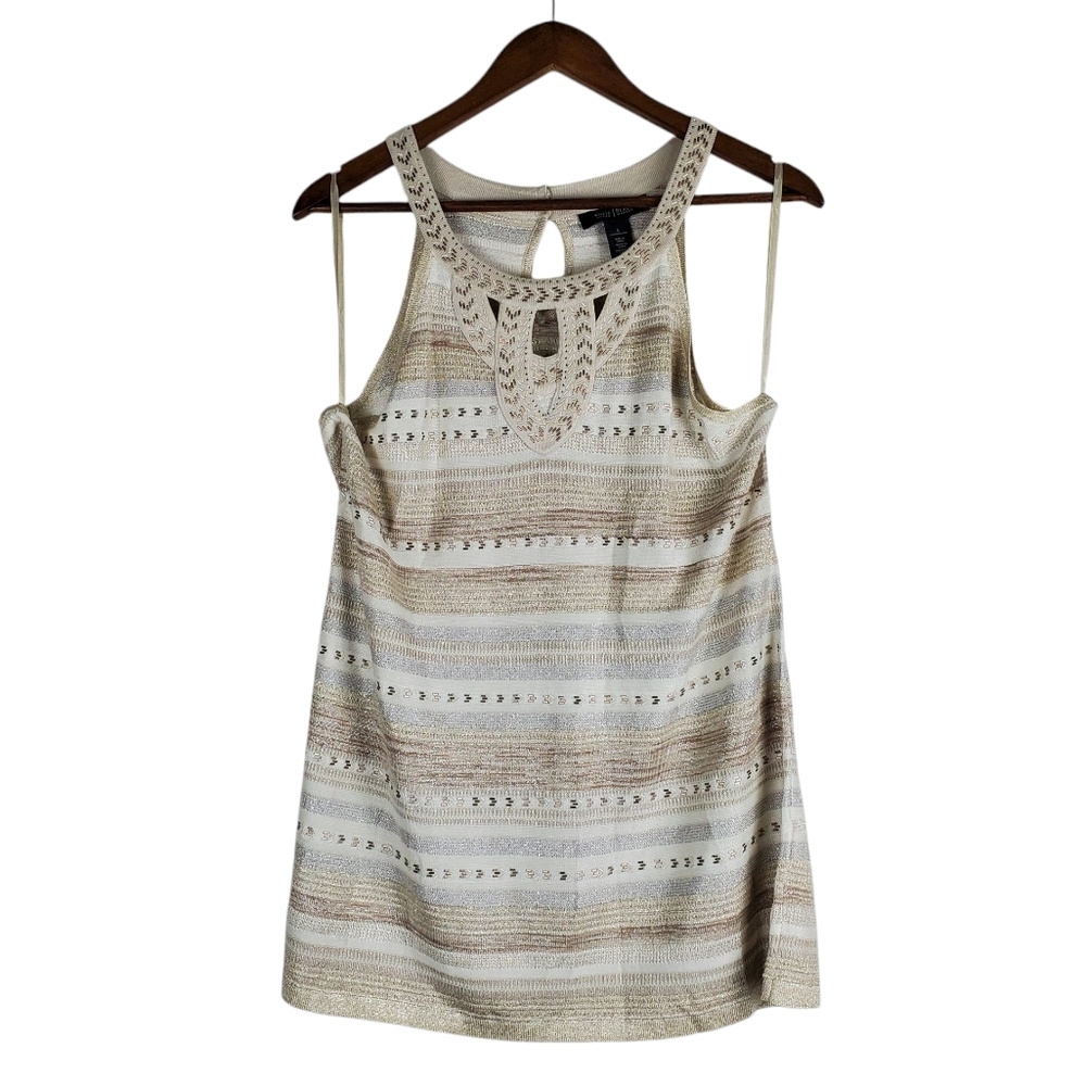 WHITE HOUSE BLACK MARKET Sleeveless Knit Tank Top Beige Crochet Neck Boho Stripe - Picture 4 of 10